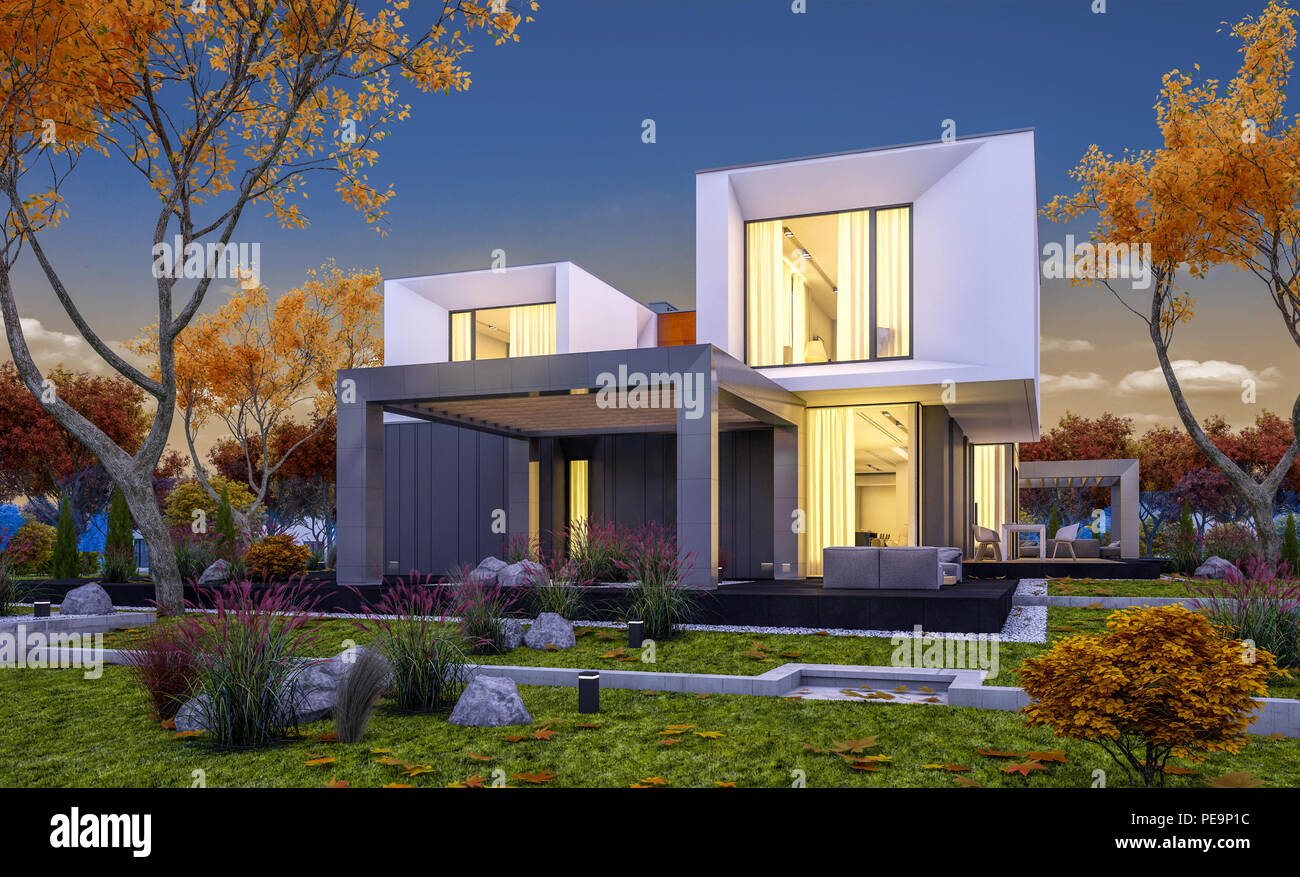 3d Rendering Of Modern Cozy House In The Garden With Garage For