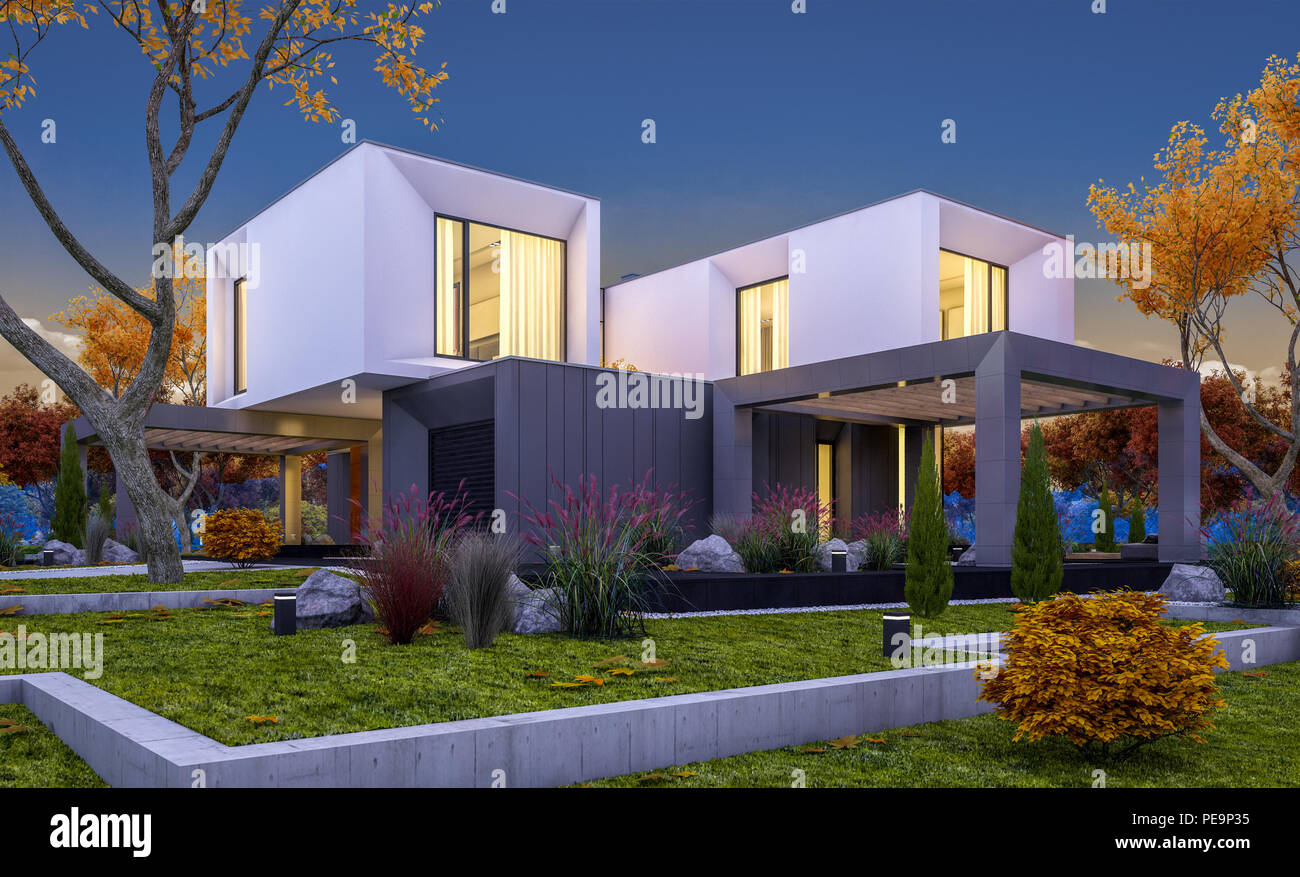 3d Rendering Of Modern Cozy House In The Garden With Garage For