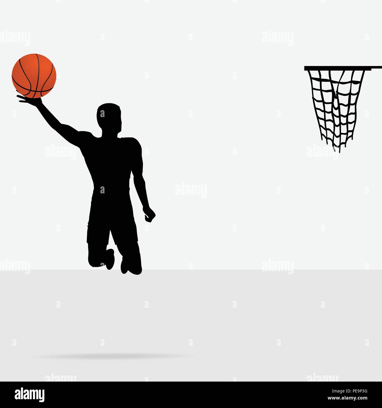 Silhouette of a Basketball Player Jumping to Score with Detailed Ball Stock Vector