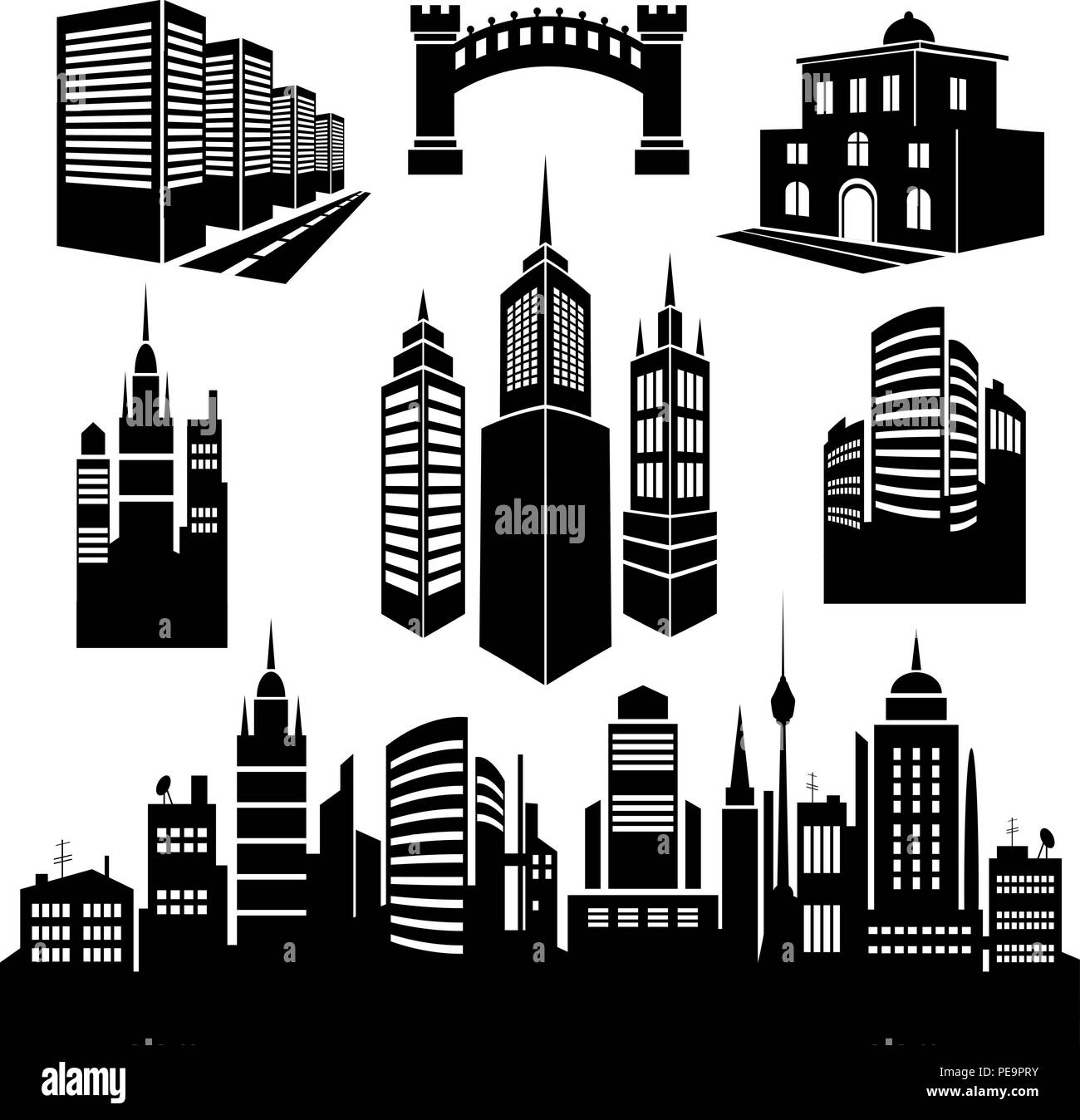 Collection of silhouettes of city images. Vector illustration. Eps 10 Stock Vector