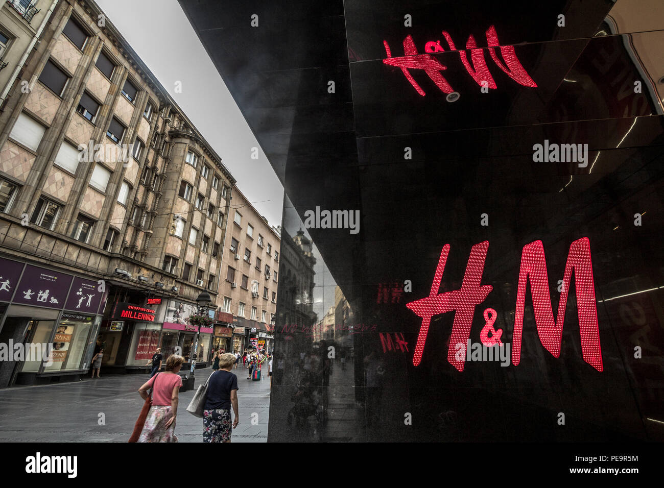 BELGRADE, SERBIA - JULY 31, 2018:  Logo of H&M on their main store for the Serbian capital city. H&M is one of the biggest fashion retail brand in the Stock Photo