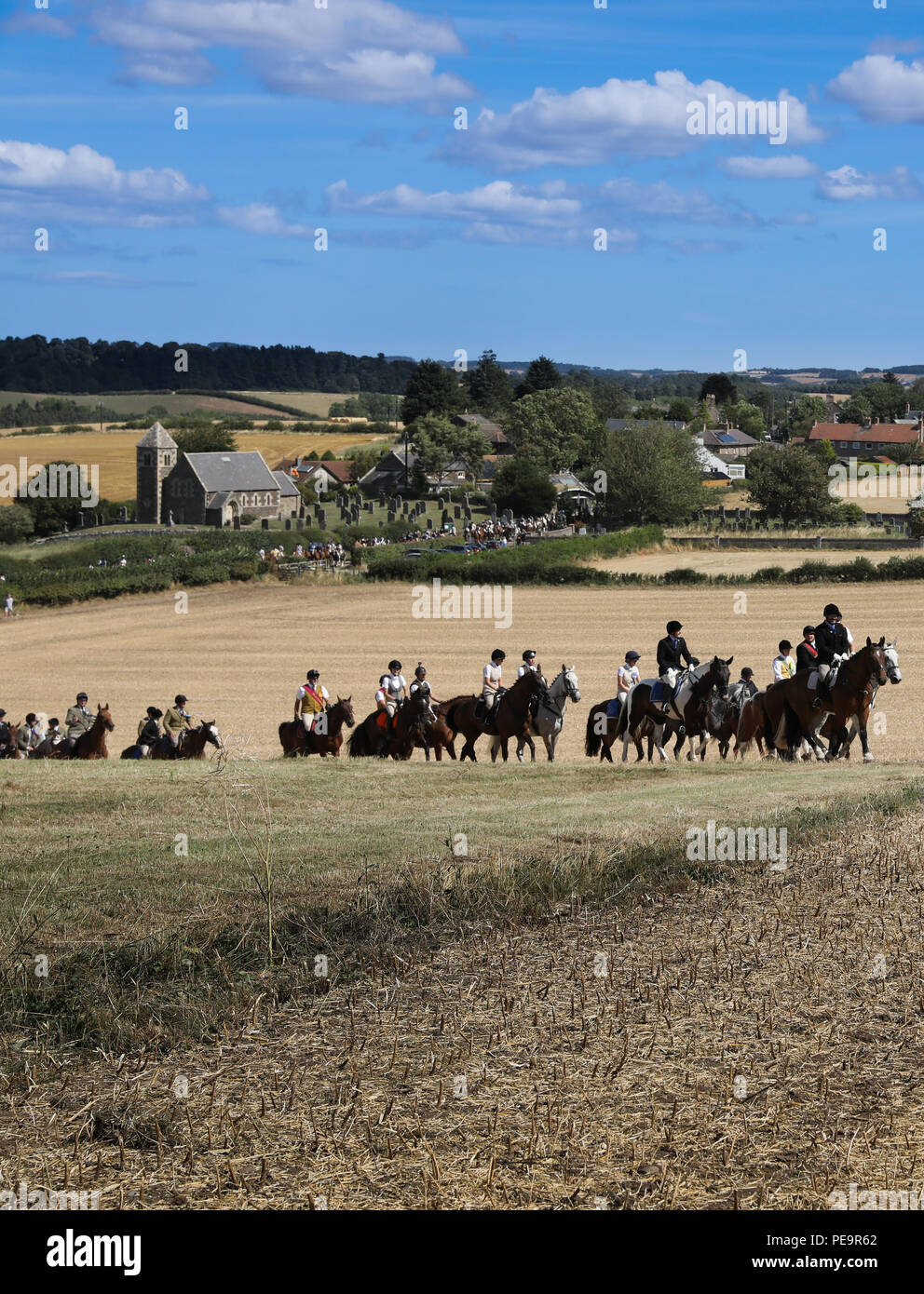 Riders during Coldstream Civic Week ride over the Battlefield of Flodden during the annual Rideout to the battle site of the 1513 battle Stock Photo