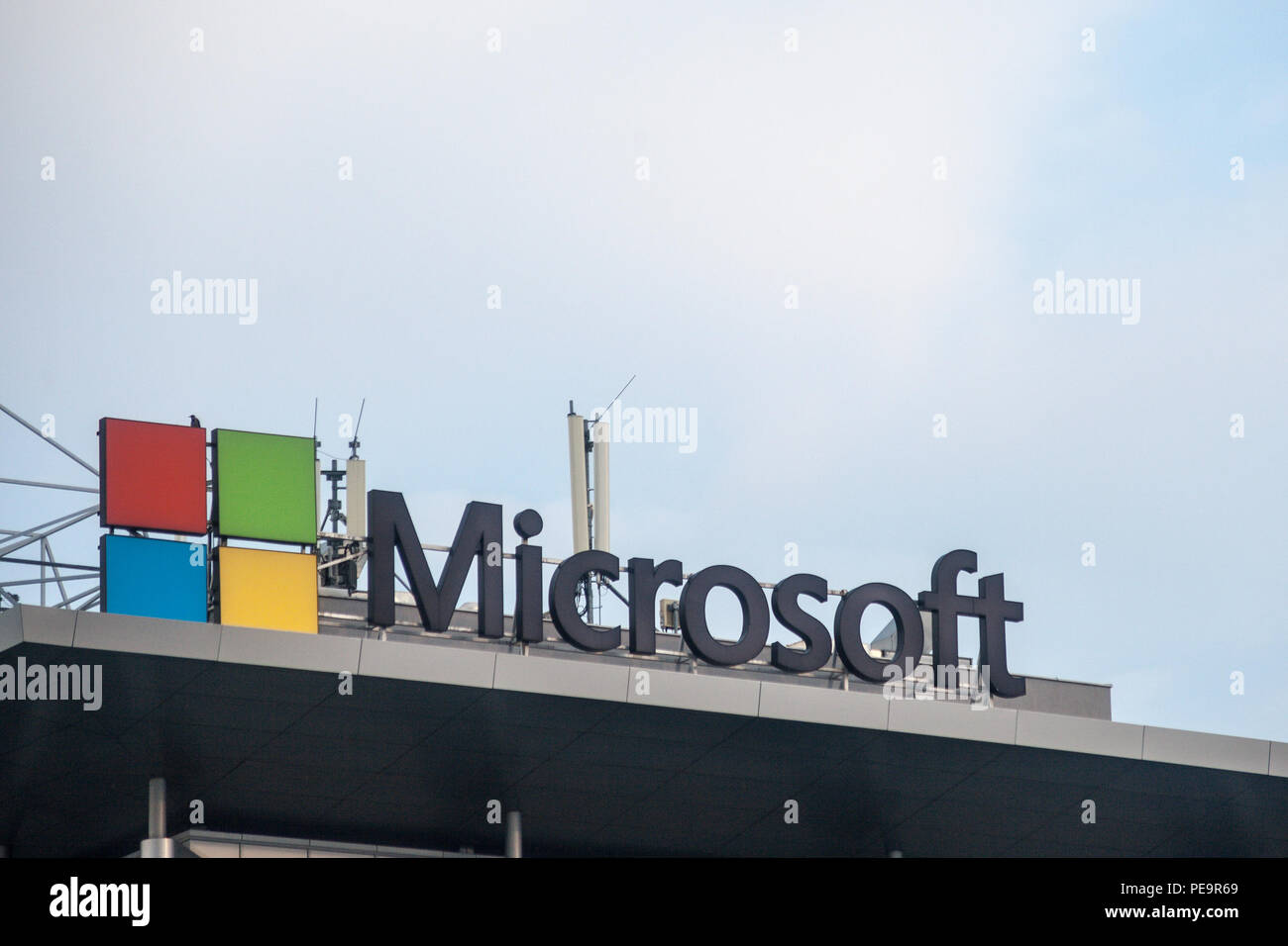 BELGRADE, SERBIA - AUGUST 1, 2018: Microsoft logo on their main office for Serbia (Microsoft Development Center). Microsoft Corporation one of the mai Stock Photo