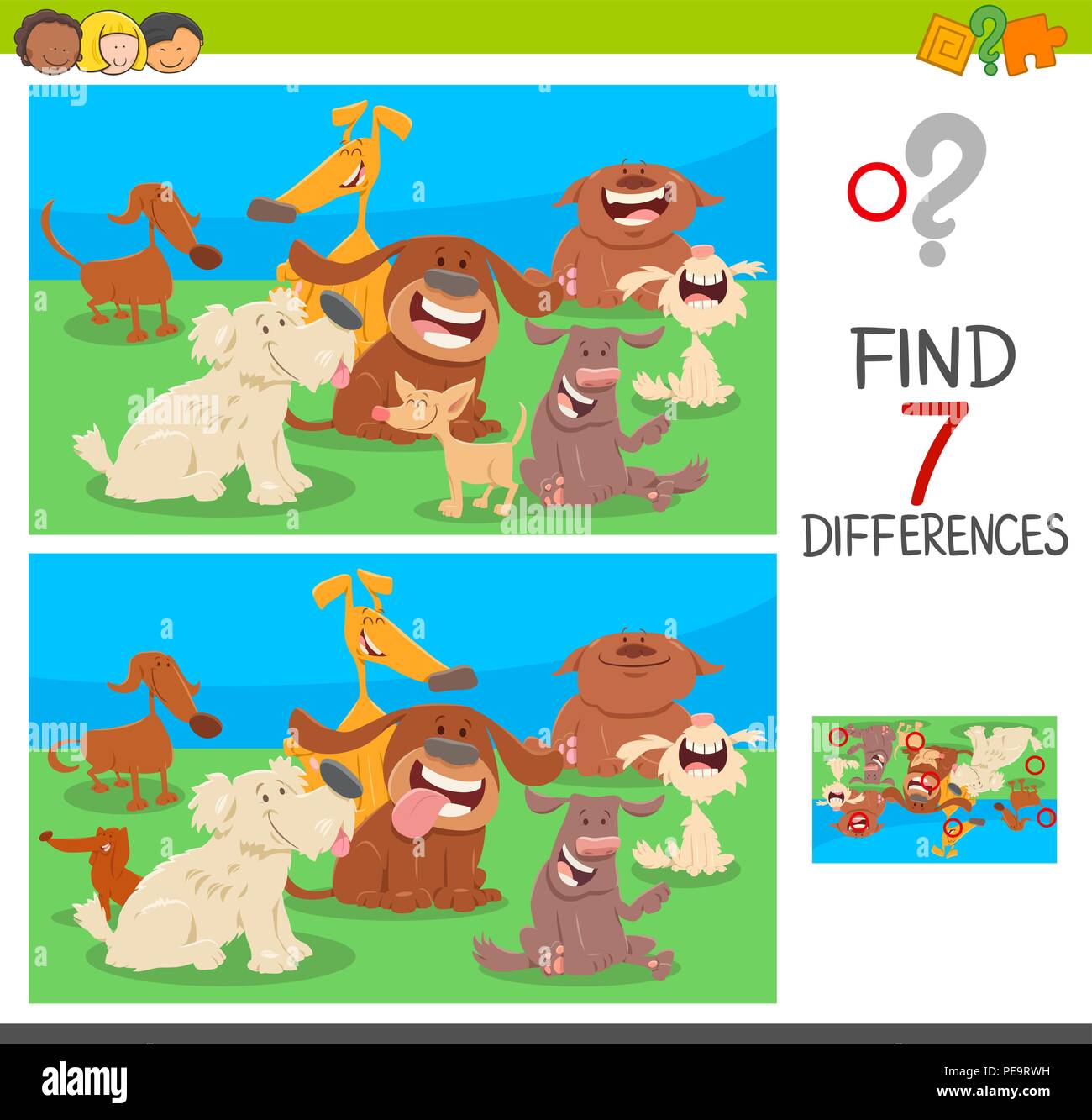 Cartoon Illustration of Finding Seven Differences Between Pictures Educational Game for Children with Dog Characters Stock Vector