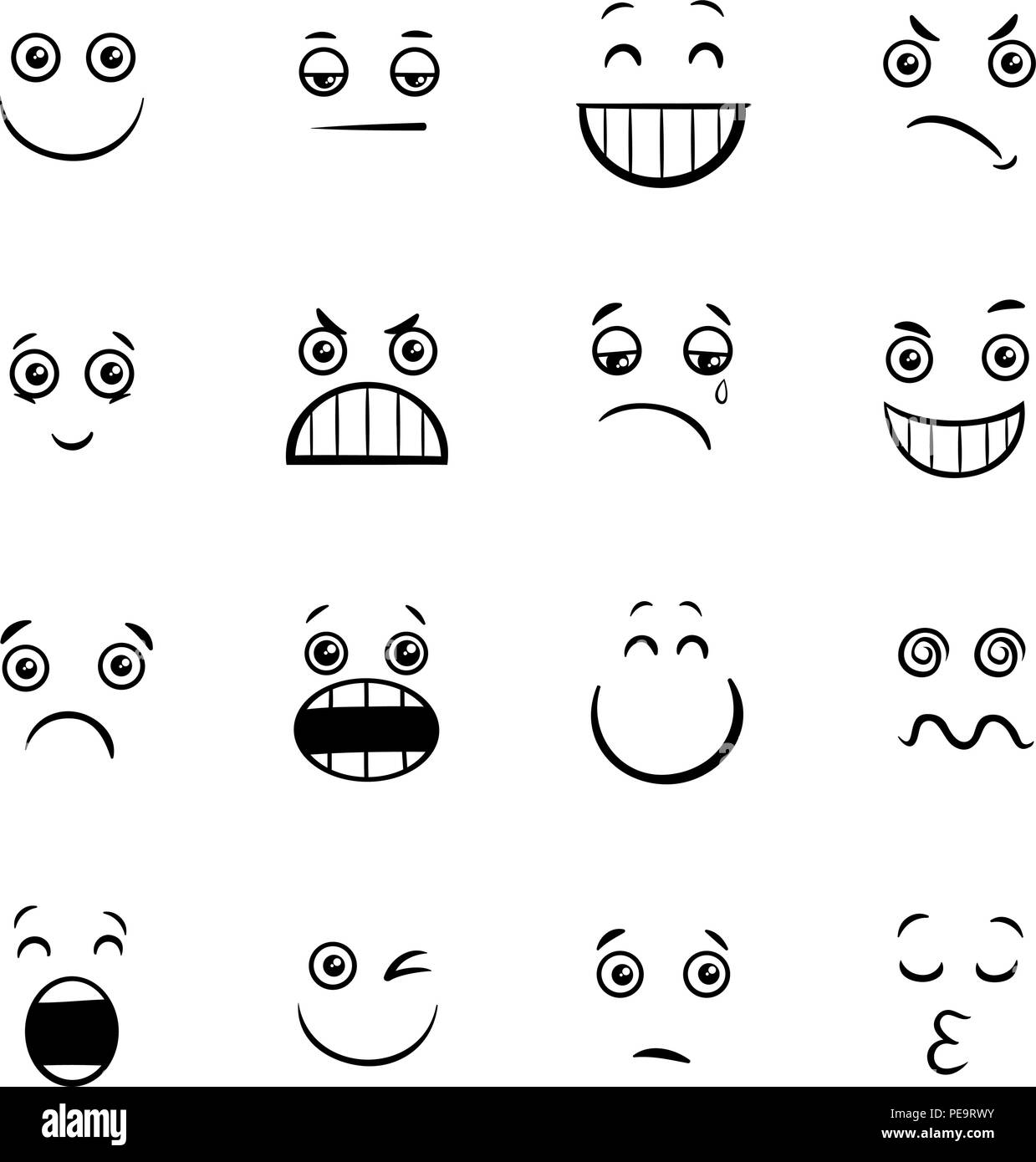 Black and White Cartoon Illustration of Emoticon or Emotions Facial Expression Icons Set Stock Vector