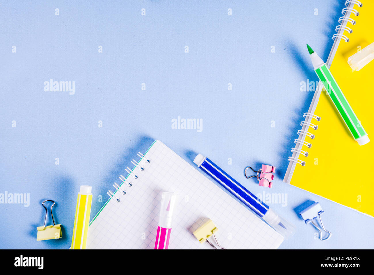 Back To School Background With Bright Accessories Supplies For School And Study Pen Pencils Markers Pencils Rulers Paperclips Sticks Noteboo Stock Photo Alamy