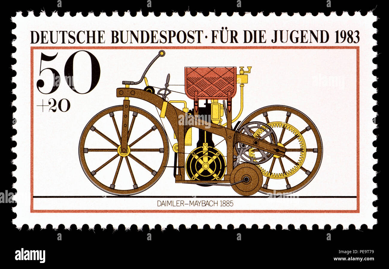 German postage stamp (1983) : Daimler-Maybach Petroleum Reitwagen / Einspur motorcycle Stock Photo