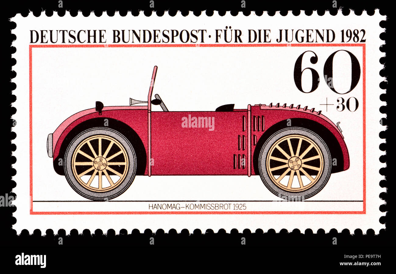 German postage stamp (1982) : Hanomag 2/10 PS - economy car manufactured by Hanomag from 1924 to 1928. Knows as 'Kommissbrot' (Rye bread loaf) due to  Stock Photo