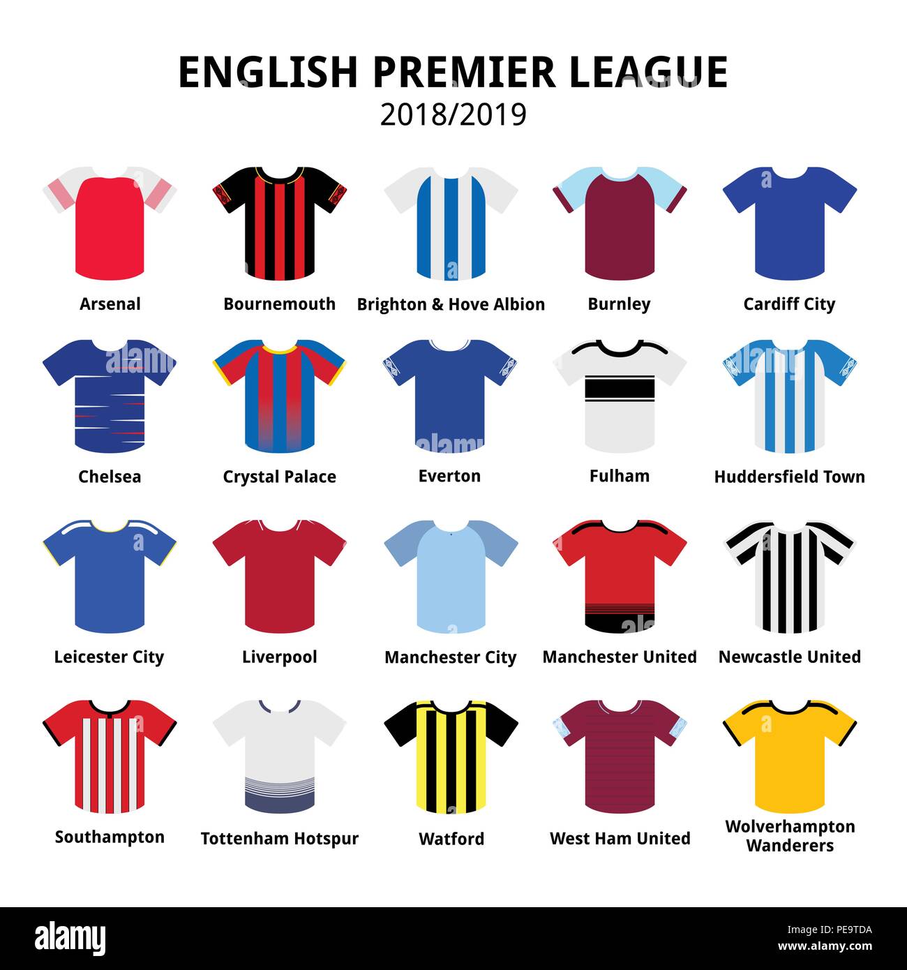 English Premier League kits 2018 - 2019, football or soccer jerseys icons set from England 18/19 kits. Vector icons set of sport shirts - football lea Stock Vector