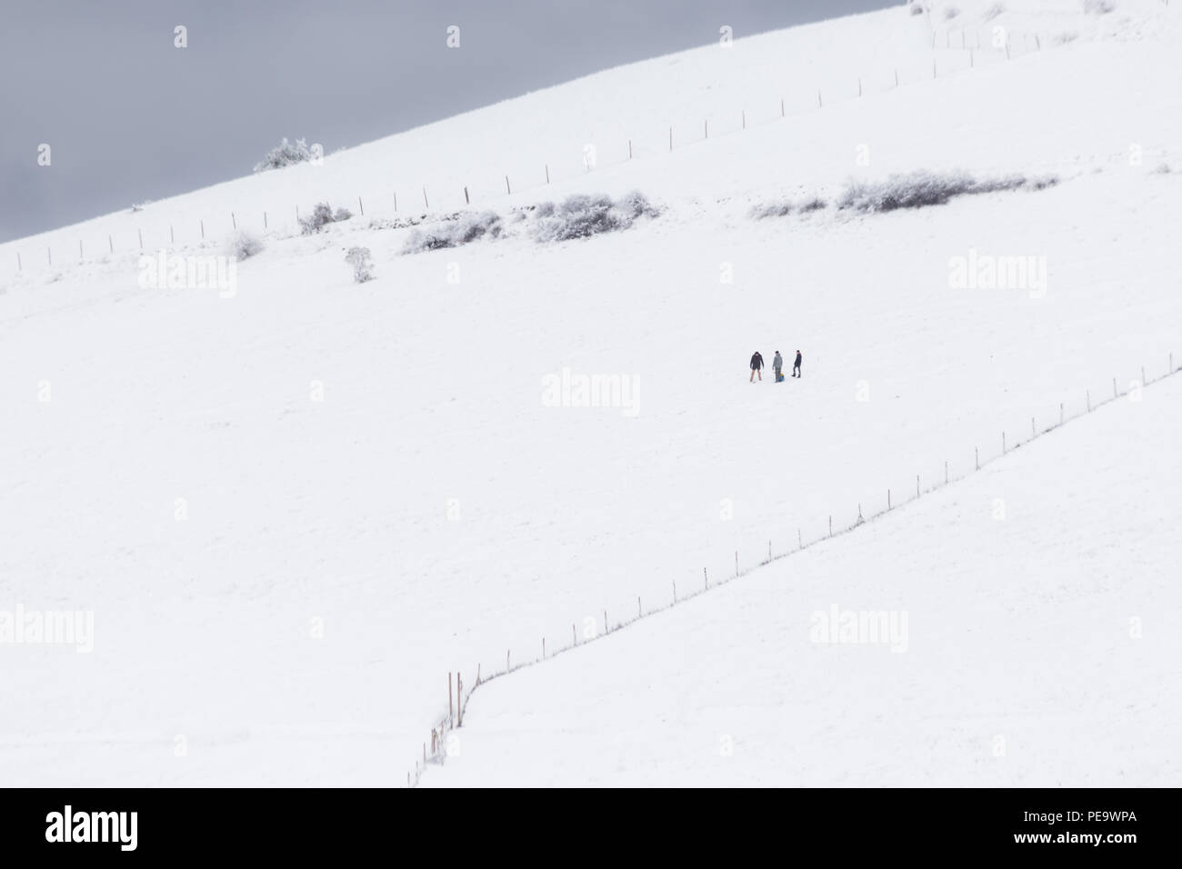 Some people in the middle of snow on a mountain, with some fences Stock Photo