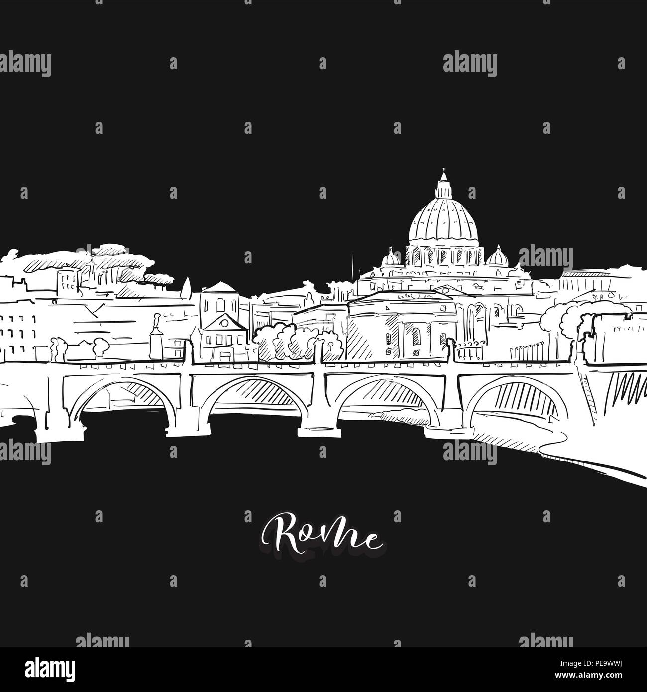 Vector drawing of Rome skyline, outline. Italy travel landmark. Black and white cover and background concept. Stock Vector