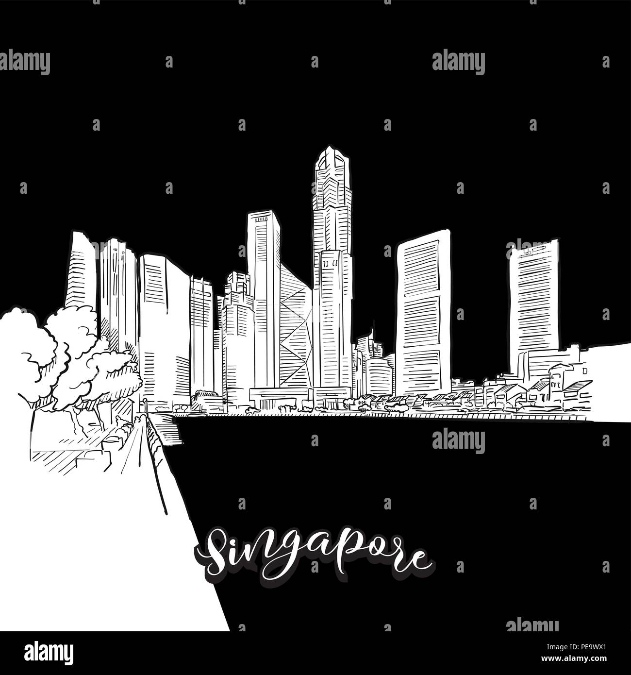 Vector drawing of Singapore skyline, outline.  travel landmark. Black and white cover and background concept. Stock Vector