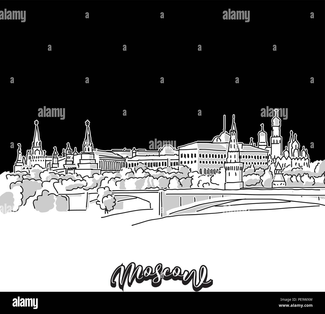 Vector drawing of Moscow skyline, outline. Russia travel landmark. Black and white cover and background concept. Stock Vector