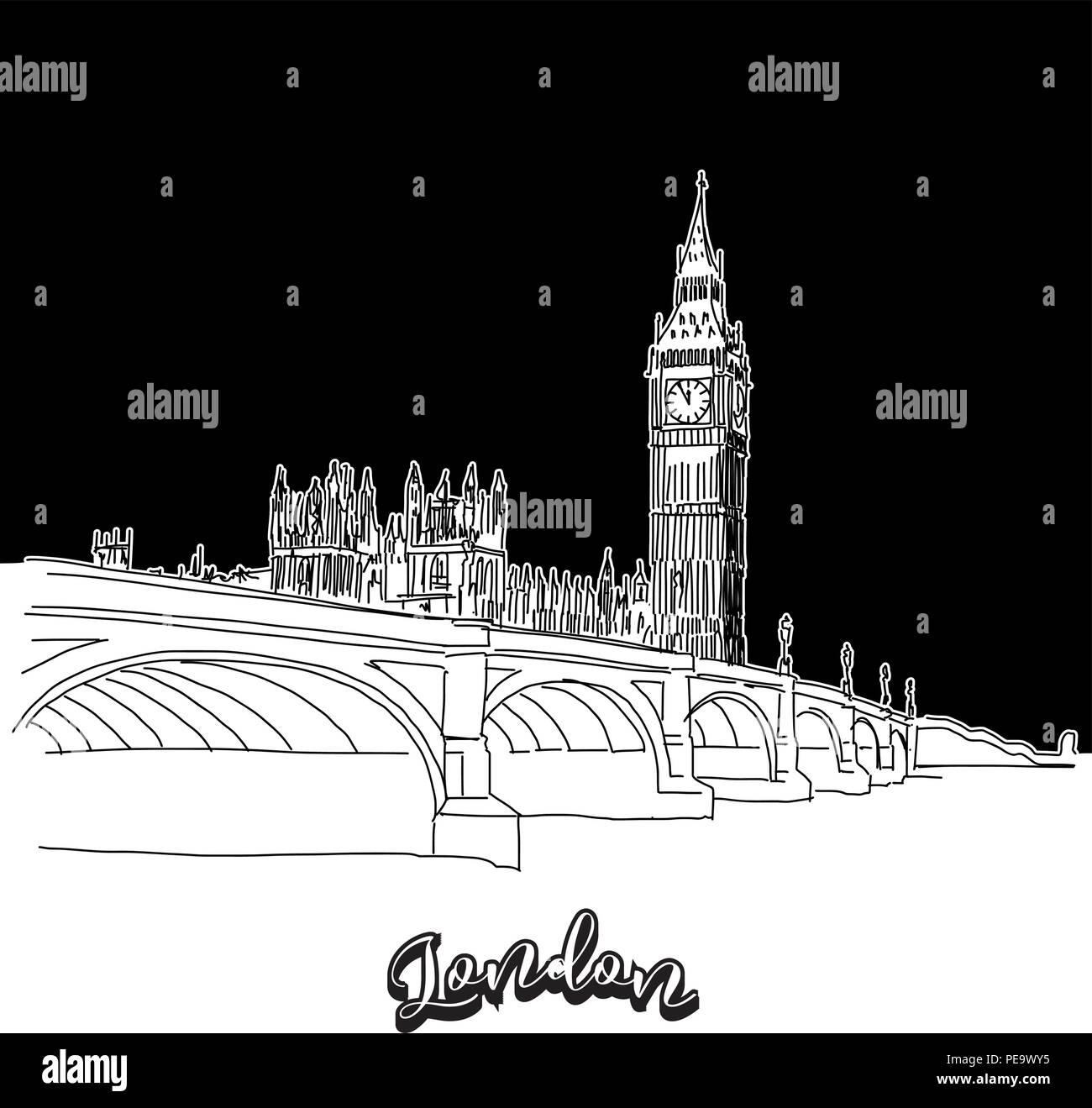 Vector drawing of London skyline, outline. United Kingdom travel landmark. Black and white cover and background concept. Stock Vector