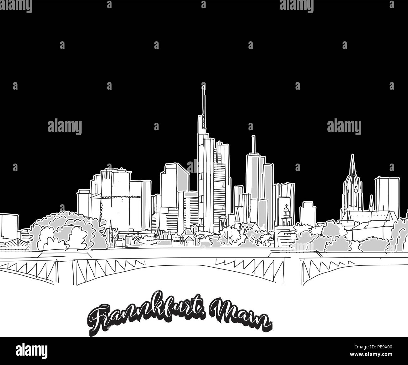 Vector drawing of Frankfurt skyline, outline Germany. Black and white illustration concept. Stock Vector