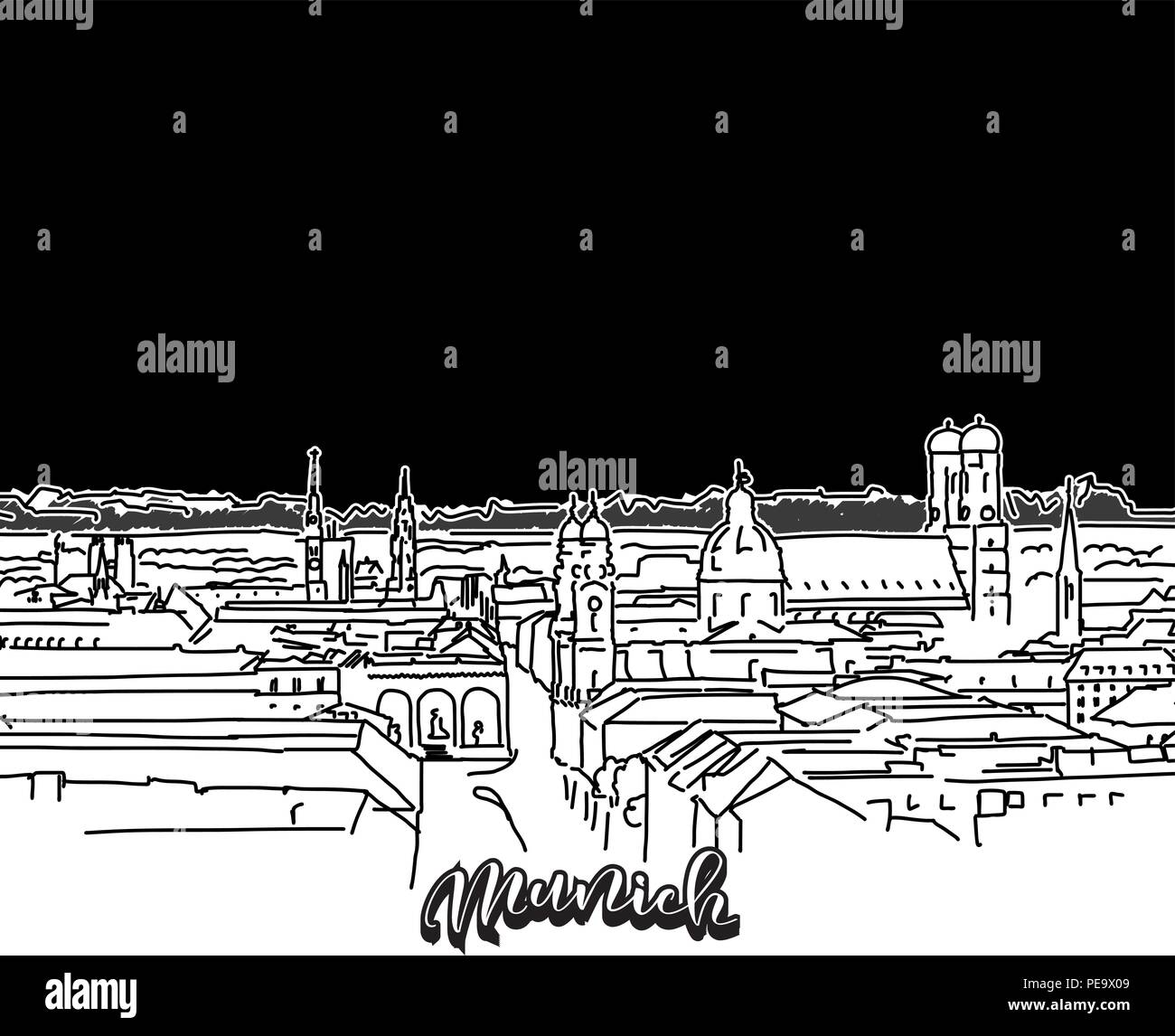 Munich skyline, outline. Vector drawing of skyline, outline, Germany. Black and white illustration concept. Stock Vector