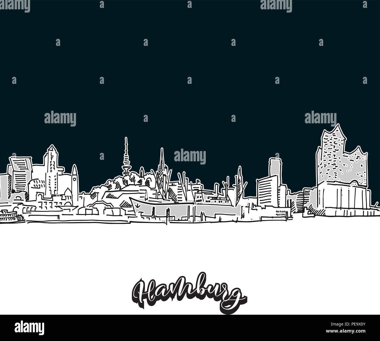 Hamburg skyline, outline. Vector drawing of skyline, outline, Germany. Black and white illustration concept. Stock Vector