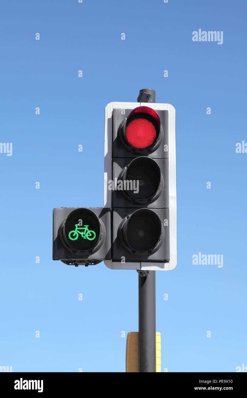 A cycle priority traffic signal. The green light gives cyclists a headstart, allowing them to cross the junction before the rest of the traffic. Stock Photo