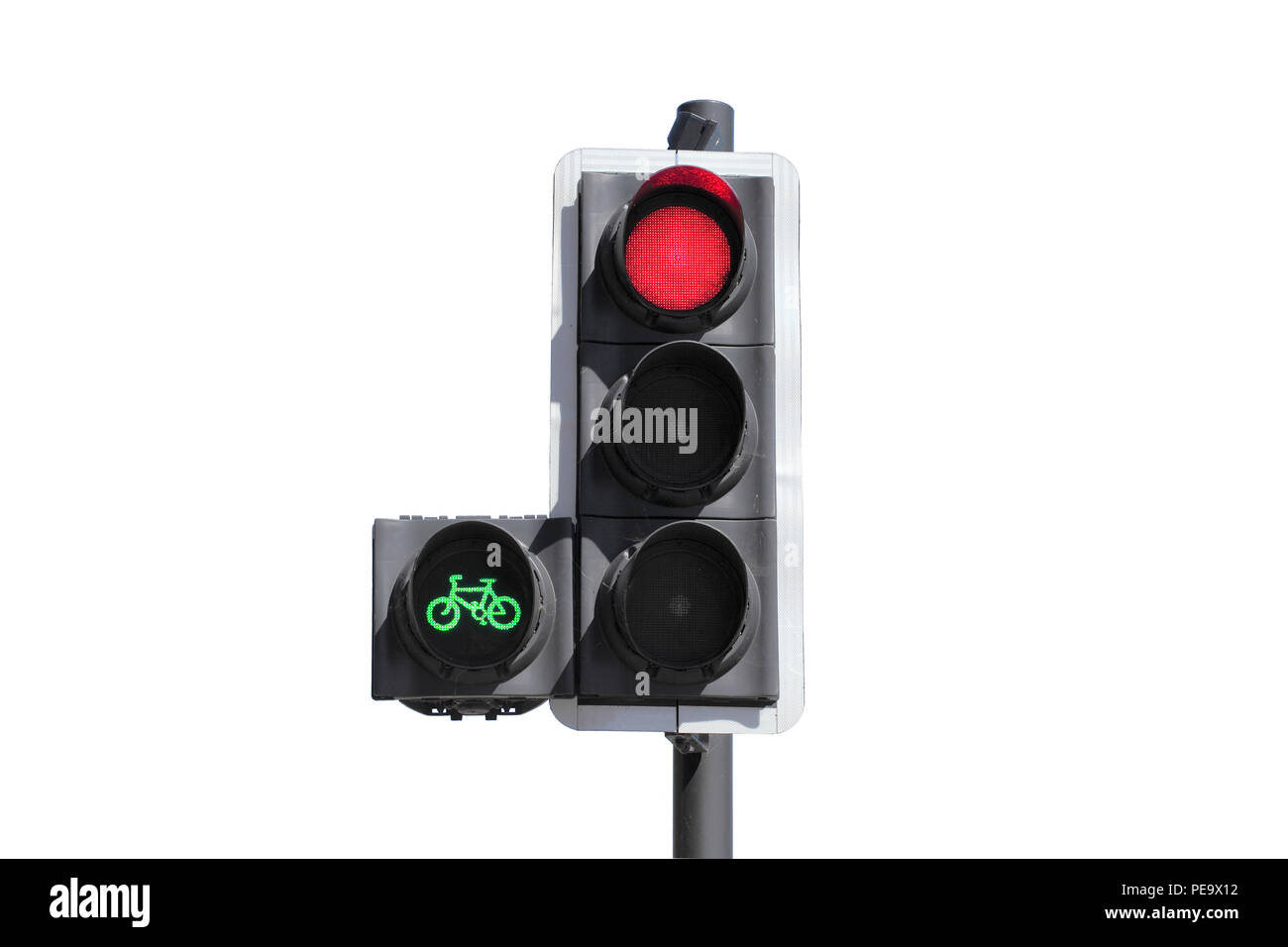 A cycle priority traffic signal. The green light gives cyclists a headstart, allowing them to cross the junction before the rest of the traffic. Stock Photo