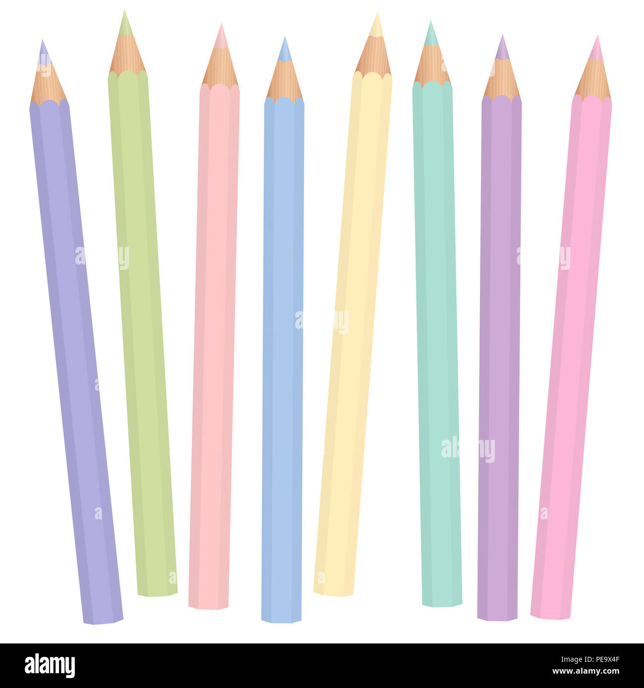 Pastel crayons. Soft, pale, faint, vague, desaturated color pencil set like baby blue, lavender, periwinkle, milky, mauve. Stock Photo