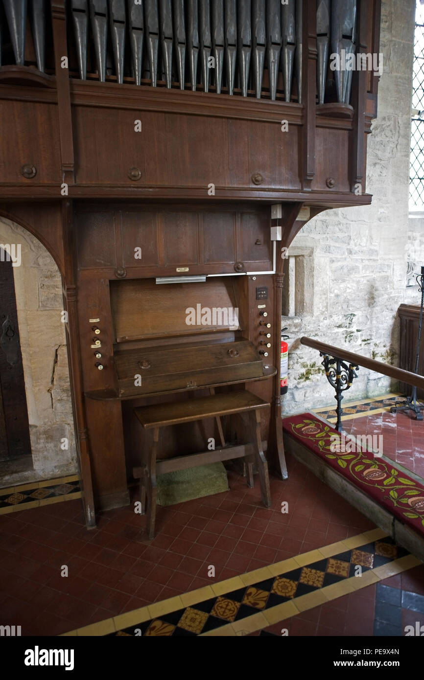 Old wooden church organ at St Kenelm's Church in Minster Lovell Stock Photo