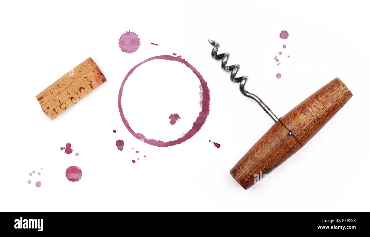 One red wine cork, corkscrew bottle opener, dry circle ring stain of glass and blob drops isolated on white background Stock Photo