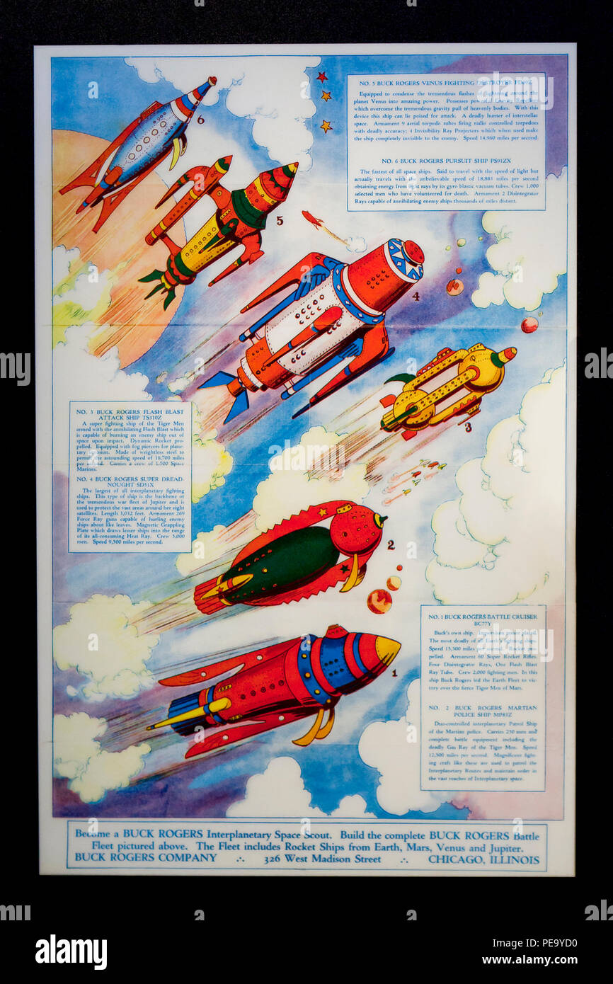 Poster ad by Buck Rogers Company displaying Buck Rogers spaceship models, circa 1930s - USA Stock Photo