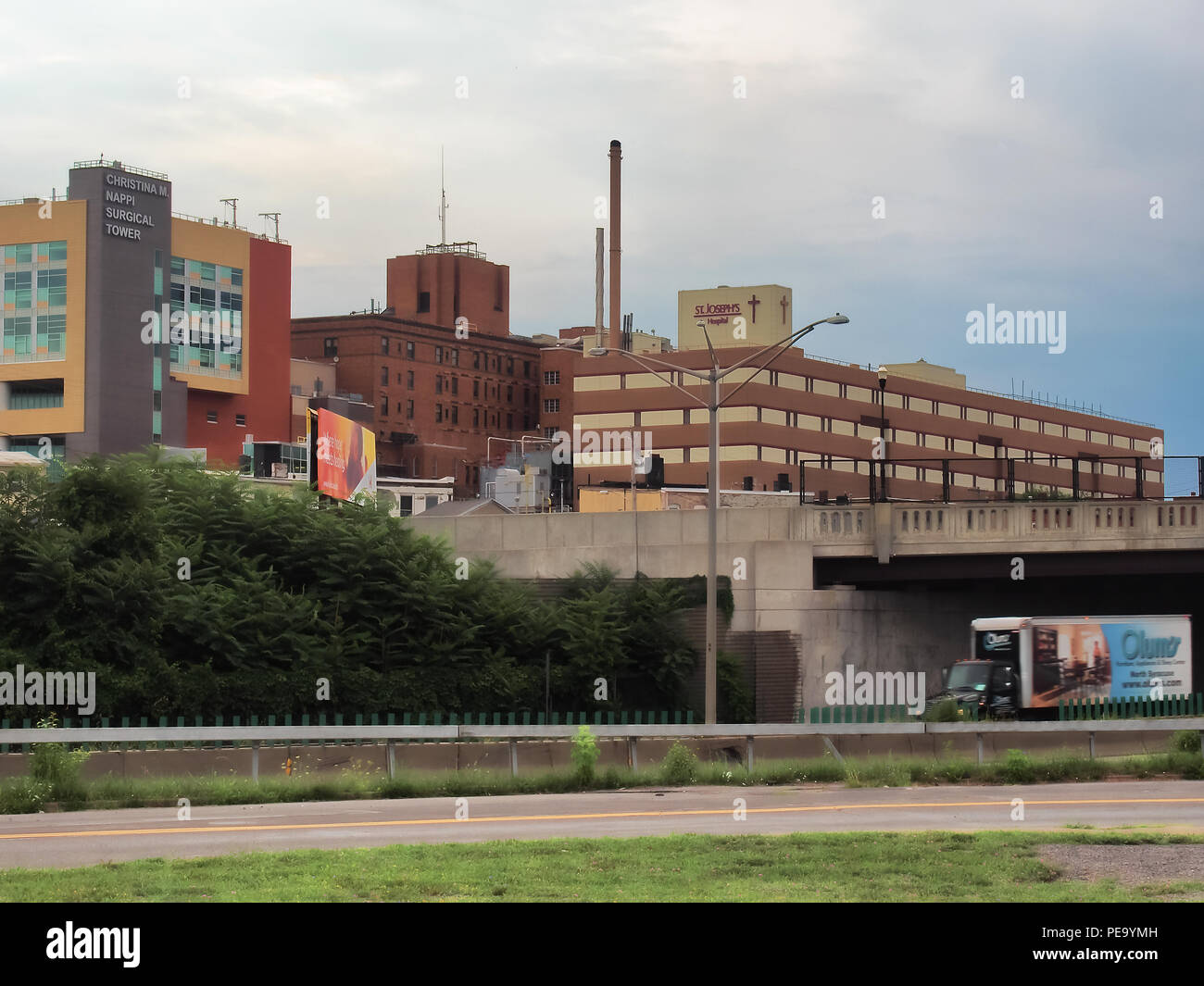 Syracuse, New York, USA. August 11, 2018. View of Syracuse's Northside neighborhood and St. Joseph's Hospital complex from near Interstate 81 Stock Photo