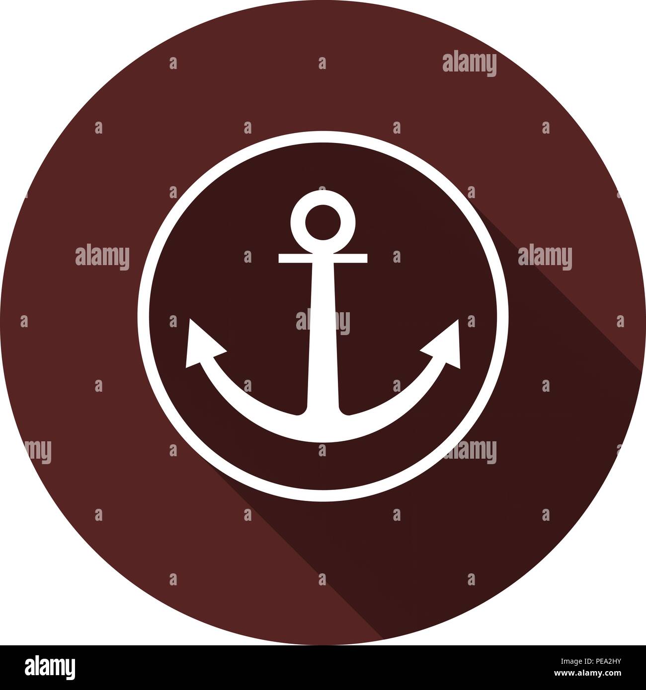 Anchor icon in the white circle outline. White flat image with long shadow Stock Vector