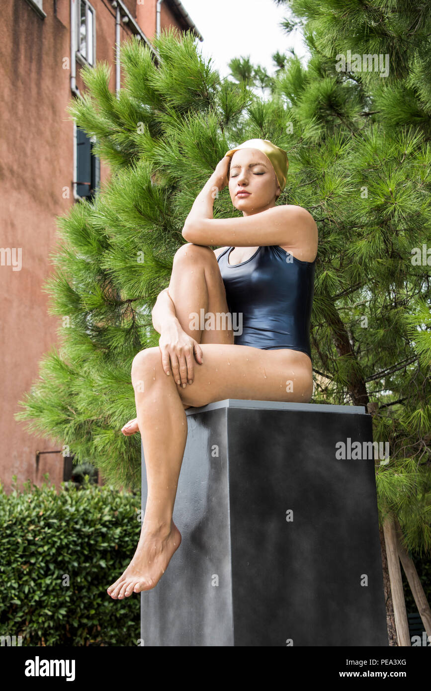 The Midpoint, a hyper-realistic sculpture by Carole A Feuerman exhibited at the Venice Biennial open air exhibition in Venice, 2017 Stock Photo