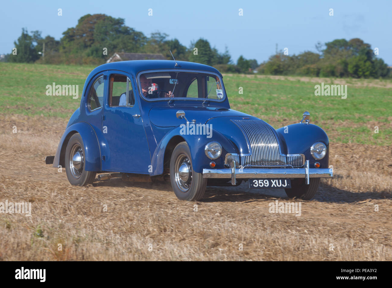 A blue Allard M Type arriving to a classic car show in North Yorkshire Stock Photo