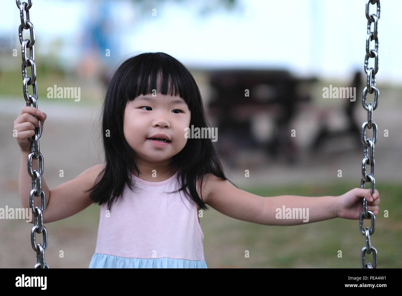 Portrait of a little asian girl in swing Stock Photo
