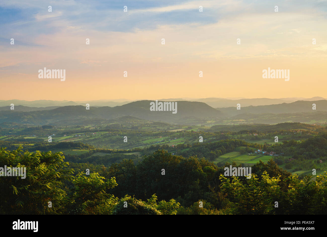 Village landscape in Serbia during summer season. Stock Photo