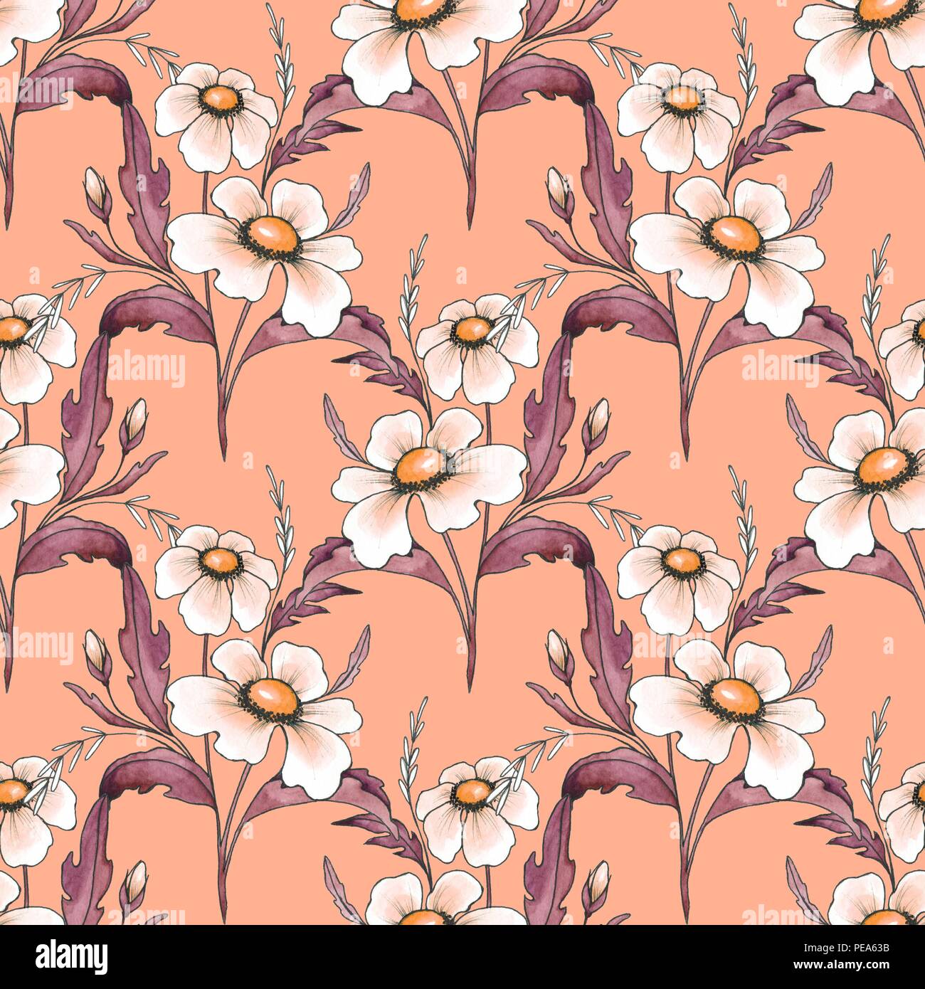 Floral seamless pattern. Watercolor background with white flowers. Ink ...