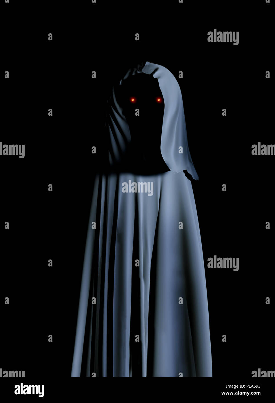 Spooky monster in hooded cloak with glowing eyes. On black background. 3d render Stock Photo