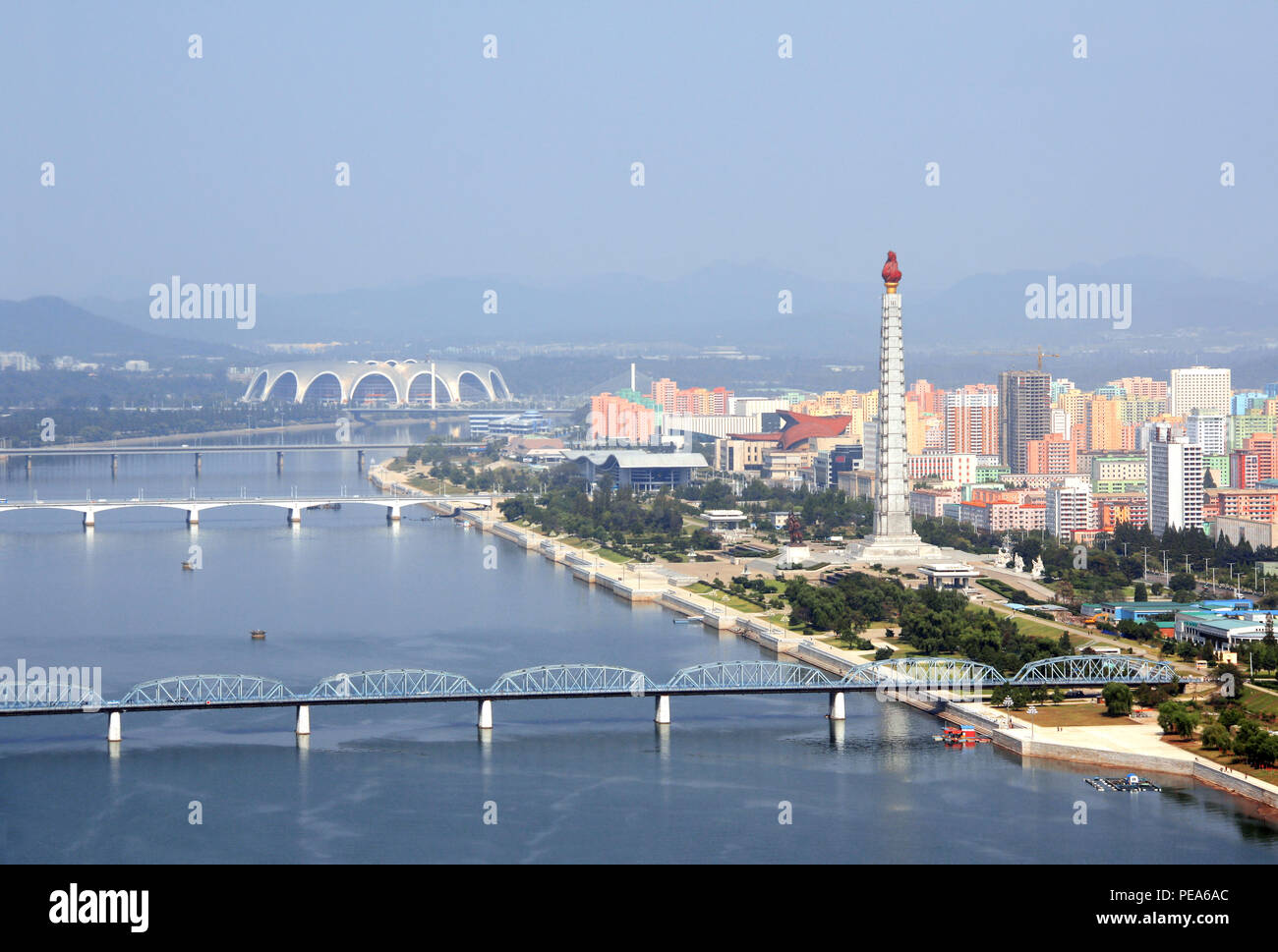 PYONGYANG, NORTH KOREA (DPRK) - SEPTEMBER 25, 2017: Aerial view of new residential complex, Tower of the Juche Idea and Daedong River (Taedong River). Stock Photo