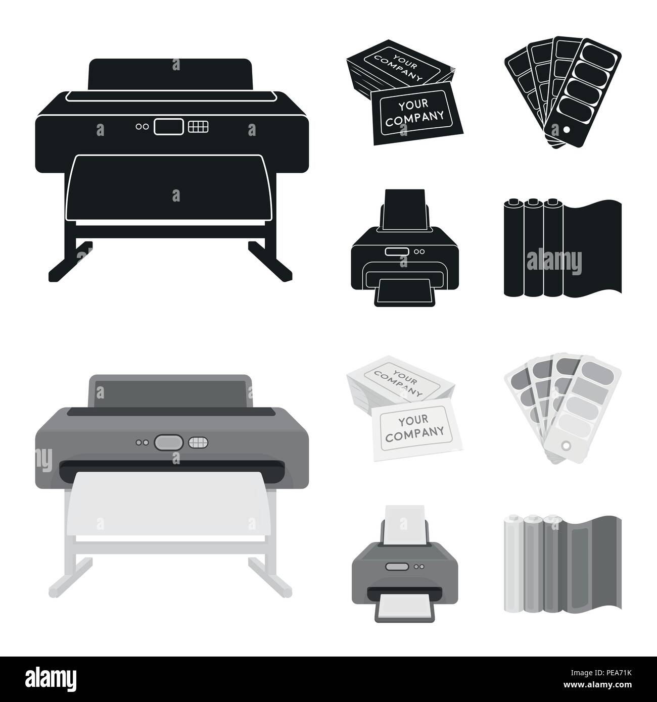 Printer, credit card, color palette.Typography set collection icons in ...