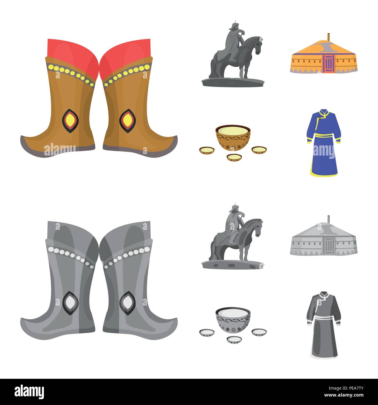 Military boots, a monument to the rider, a national tent, a milk drink. Mongolia set collection icons in cartoon,monochrome style vector symbol stock  Stock Vector