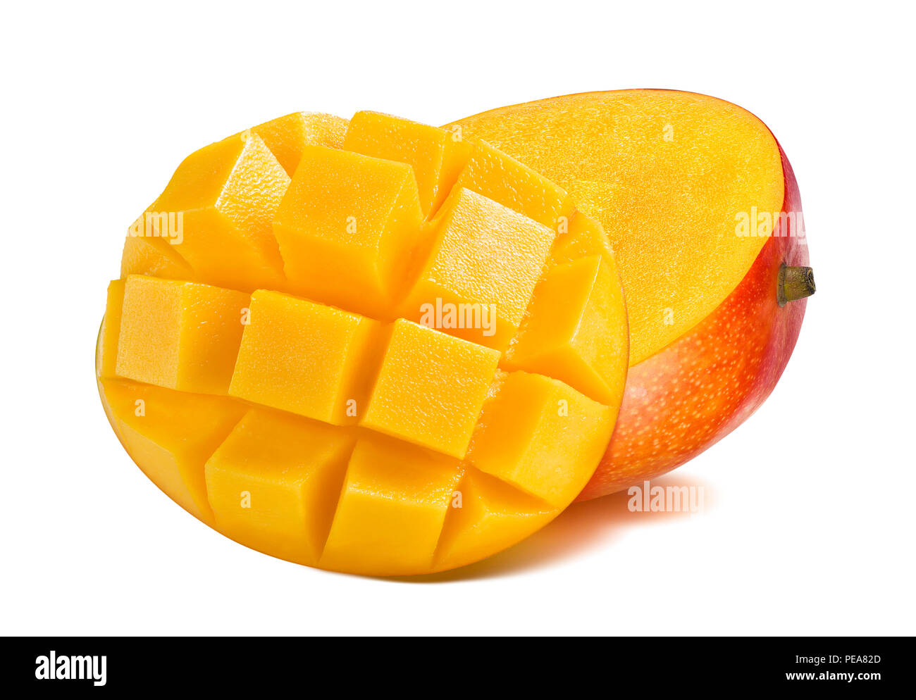 Mango half cut slice diced isolated on white background as package design element Stock Photo