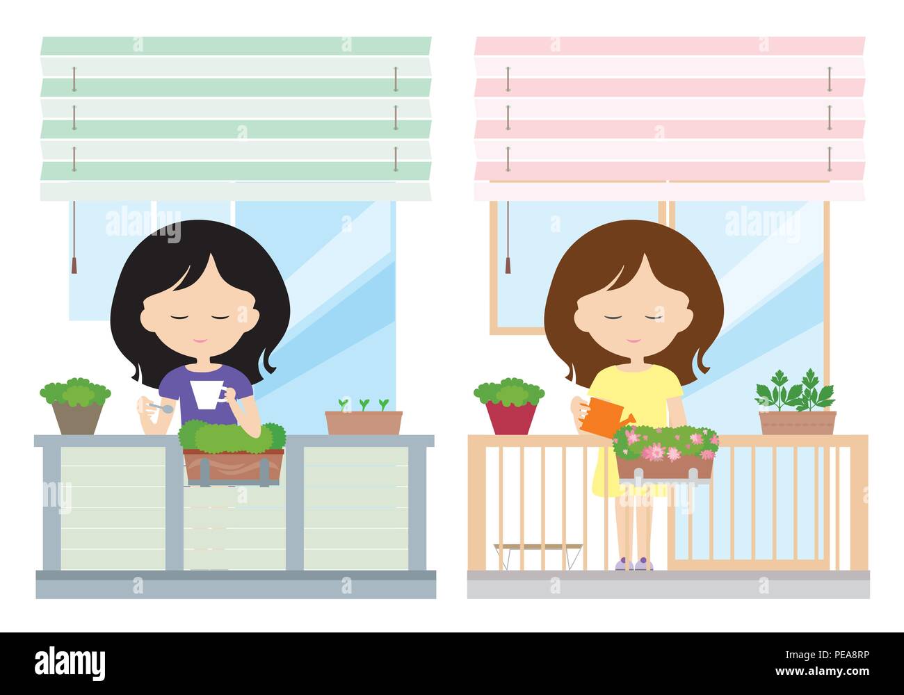 Two women stand on a balcony and drink coffee or water flowers in a flower pot for relaxation. Window blinds - vector Stock Vector