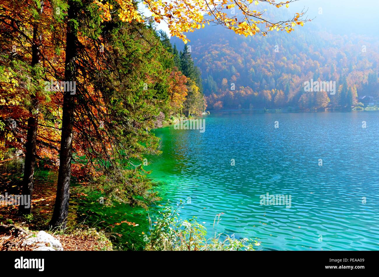 Lakes Laghi di Fusine in Italy in autumn, Slovenia border, indian summer, reflections in water, outdoor activities, hiking trails,fall foliage, sunny Stock Photo