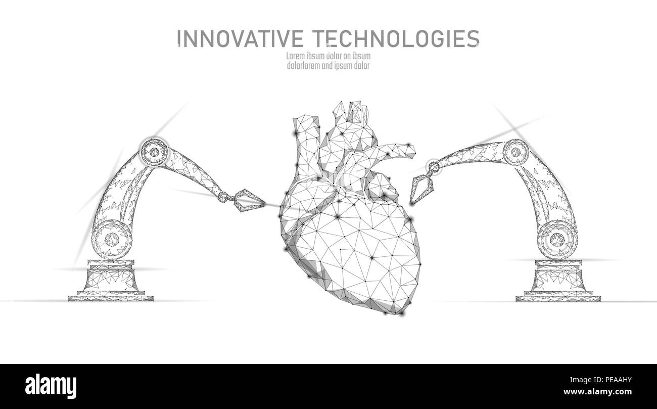 Robotic heart surgery low poly. Polygonal cardiology surgery procedure. Robot arm manipulator. Modern innovative medicine science automation technology. Triangle 3D render shape vector illustration Stock Vector