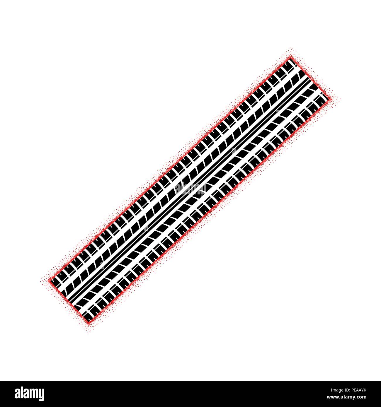 Black tire track silhouette with red dotted outline isolated on white background Stock Vector