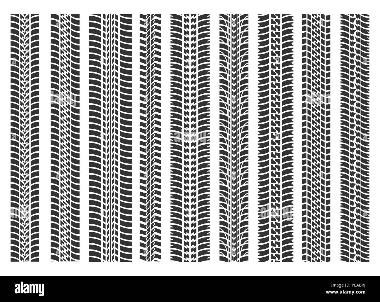 Tire tracks brushes. Bike or track road tyre track race textures, motorbike print silhouettes seamless pattern set Stock Vector