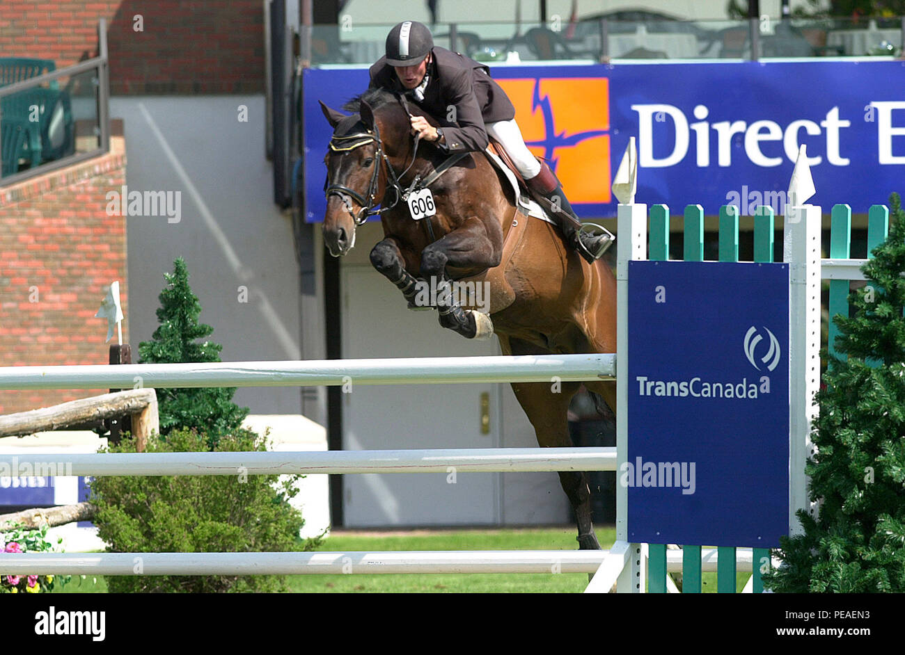 The National, Spruce Meadows, June 2003, TransCanada Parcours de Chasse, Andre Thieme (GER) riding Neander 4 Stock Photo