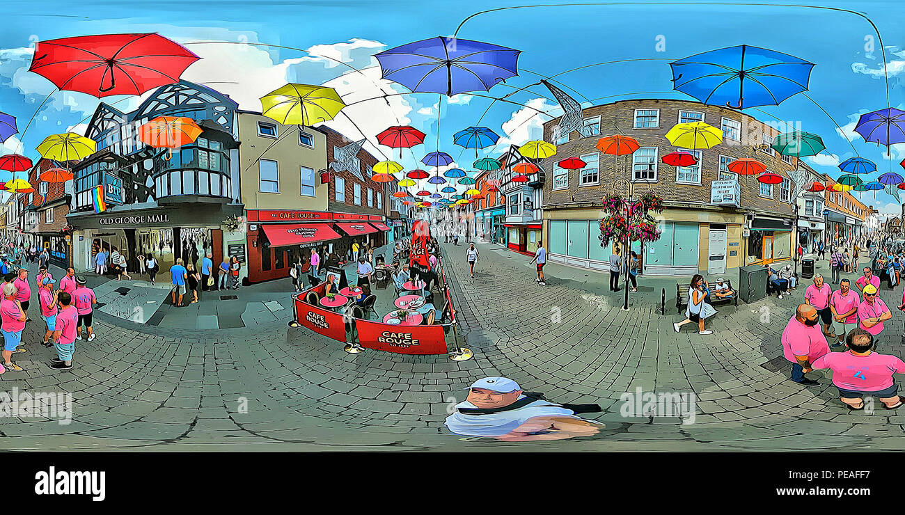 360vr digital art Umbrellas display in Salisbury High Street in Wiltshire, England. 360 Spherical (Equirectangular) panorama Stock Photo