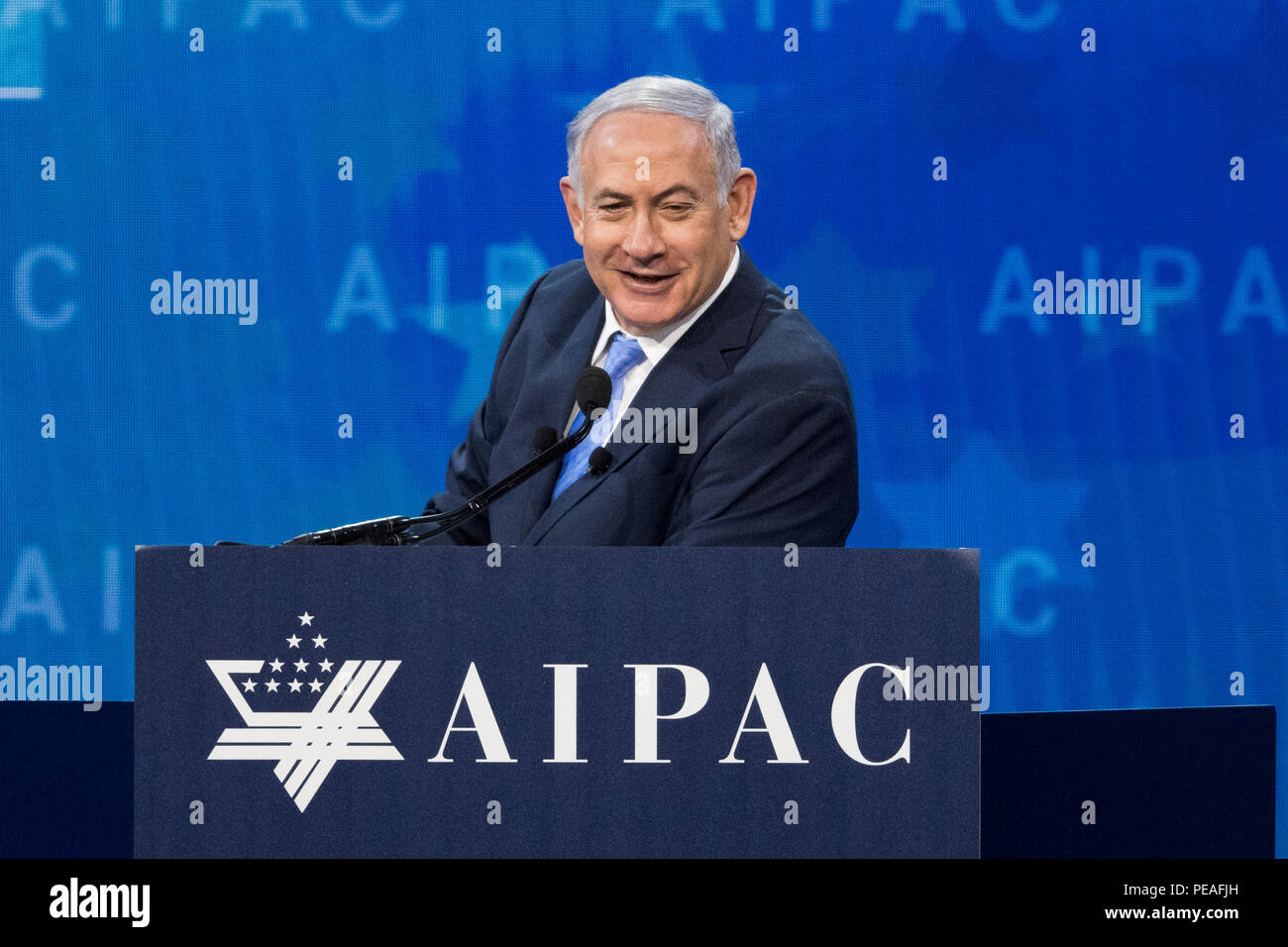Benjamin 'Bibi' Netanyahu, Prime Minister of Israel, speaking at the AIPAC (American Israel Public Affairs Committee) Policy Conference at the Walter  Stock Photo