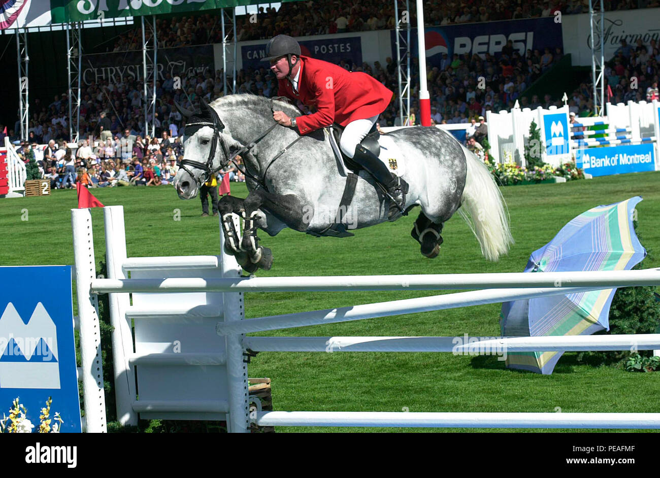 CSIO Masters, Spruce Meadows, September 2001, Bank of Montreal Nations Cup, Thomas Voss (GER) riding Clinton Stock Photo