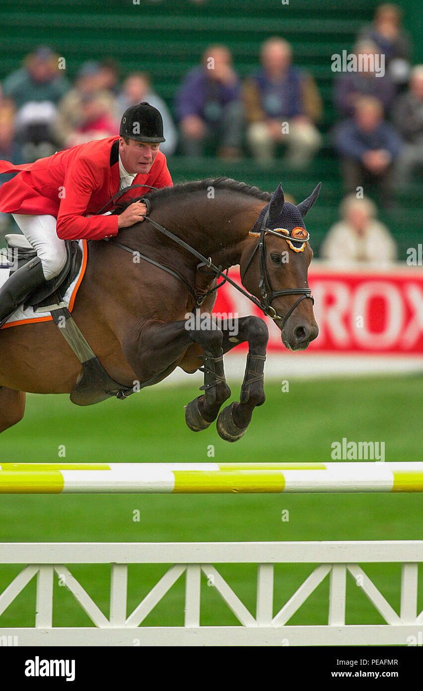 CSIO Masters, Spruce Meadows, September 2001, Finning Welcome, Thomas Voss (AUT) riding Catrick Orion Stock Photo