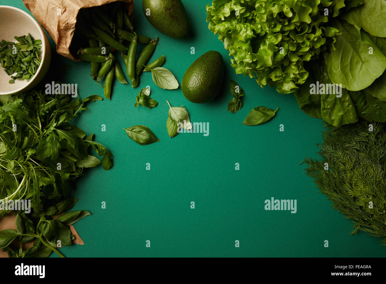 top view of different ripe vegetables on green surface Stock Photo - Alamy